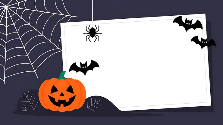 Photo halloween blank greeting card featuring with spiderweb spider pumpkin and bat flat design