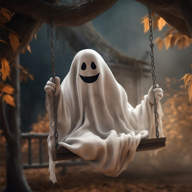 Photo halloween boo ghost sitting on swing in forset