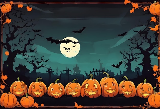 Halloween border background with creepy pumpkins cartoon style