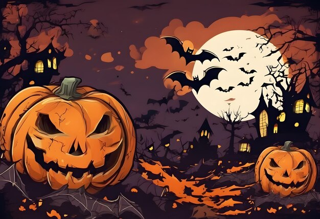 Foto sfondo del confine di halloween con zucche raccapriccianti in stile cartone animato