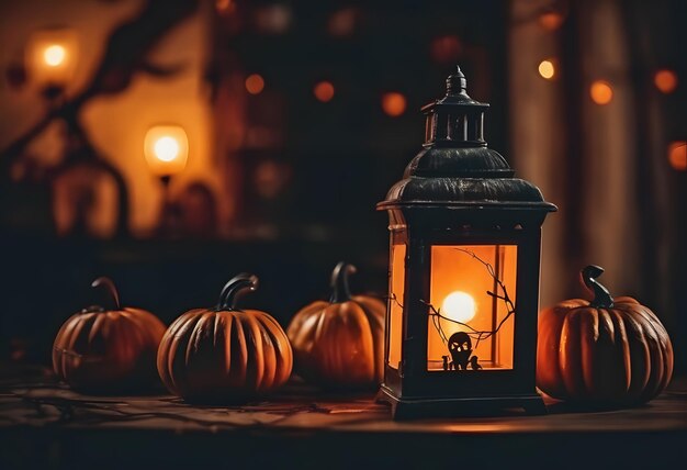 Photo halloween border background with creepy pumpkins lamp