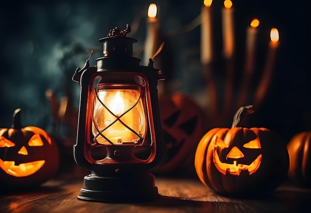 Photo halloween border background with creepy pumpkins lamp