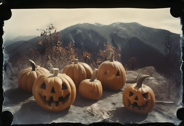 Photo halloween border background with creepy pumpkins at mountain