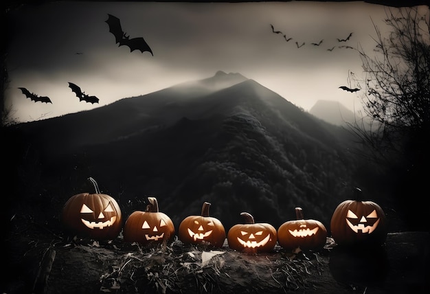 Foto sfondo del confine di halloween con zucche raccapriccianti in montagna