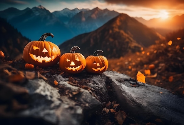 Foto sfondo del confine di halloween con zucche raccapriccianti in montagna