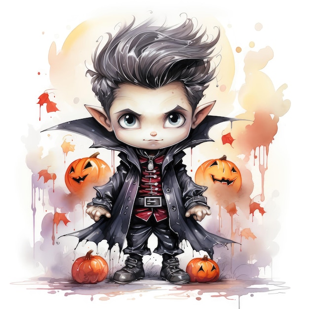 Halloween boy in vampire costume with pumpkins Cartoon illustration