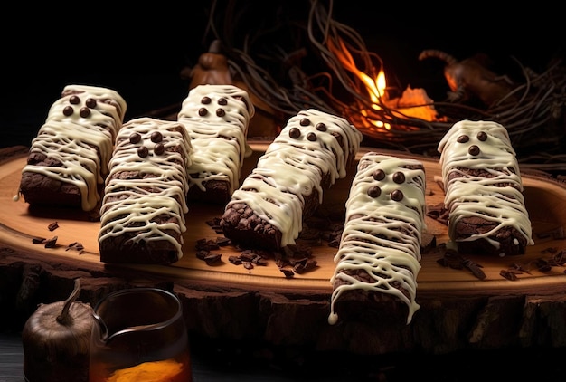 halloween brownies shaped like mummies are sitting on a wooden board