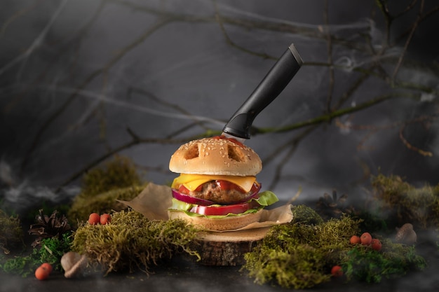 Halloween burger in a shape of pumpkin head jack lantern in a mystery forest