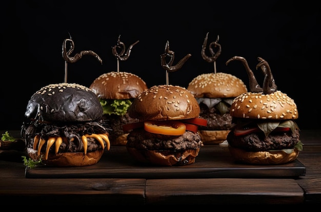 halloween burgers zitten op een donkere tafel in de stijl van grijs en beige