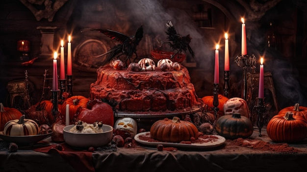 the halloween cake a culinary horror with pumpkins skulls and candles Ai Generated