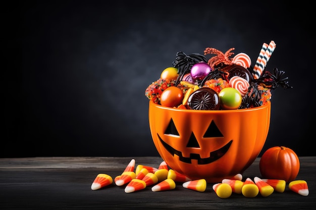 Halloween candies in bowl on wooden table over black background and space for text