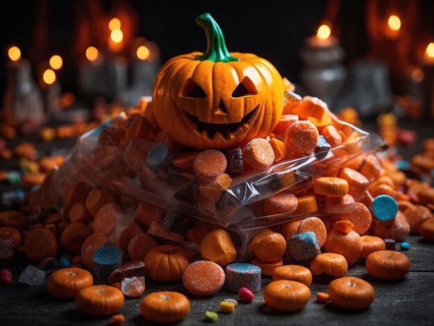 Halloween candies and sweets on dark background