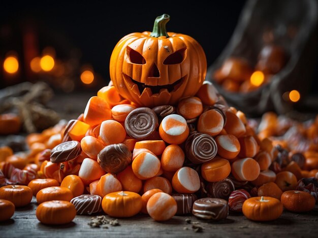 Halloween candies and sweets on dark background