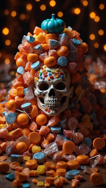 Halloween candies and sweets on dark background