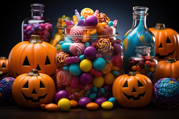 Halloween candies and sweets on dark background