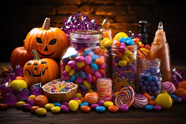 Halloween candies and sweets on dark background