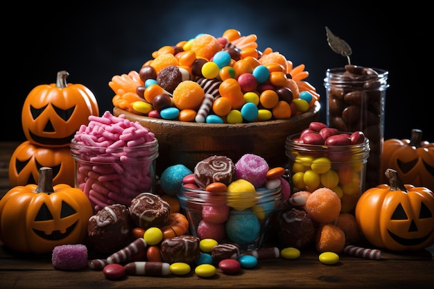 Halloween candies and sweets on dark background