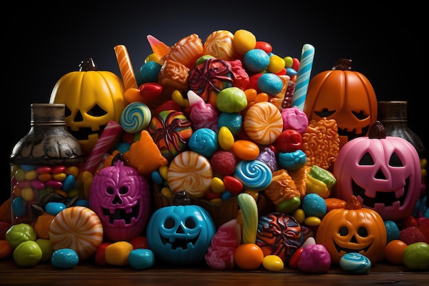 Halloween candies and sweets on dark background