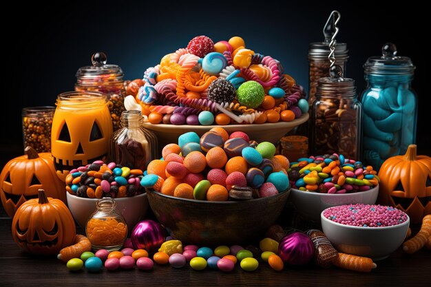 Halloween candies and sweets on dark background