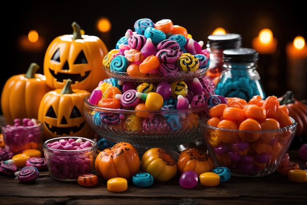 Halloween candies and sweets on dark background