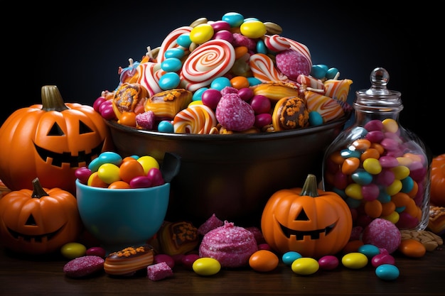 Halloween candies and sweets on dark background