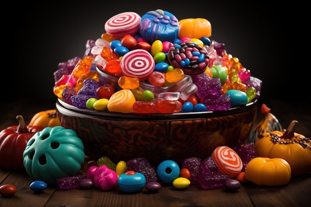 Halloween candies and sweets on dark background