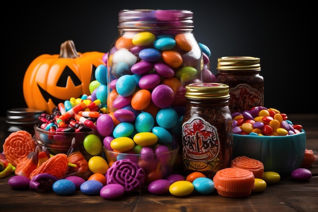 Halloween candies and sweets on dark background