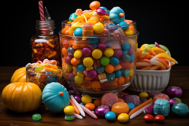 Halloween candies and sweets on dark background