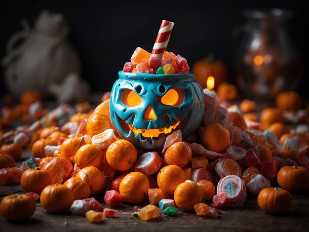 Photo halloween candies and sweets on dark background