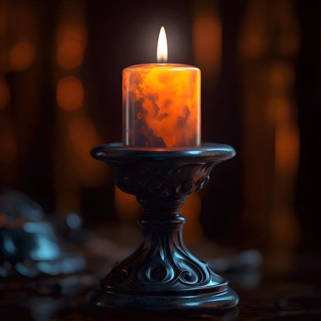 Halloween candle holder with spooky candle flames flickering in the dark