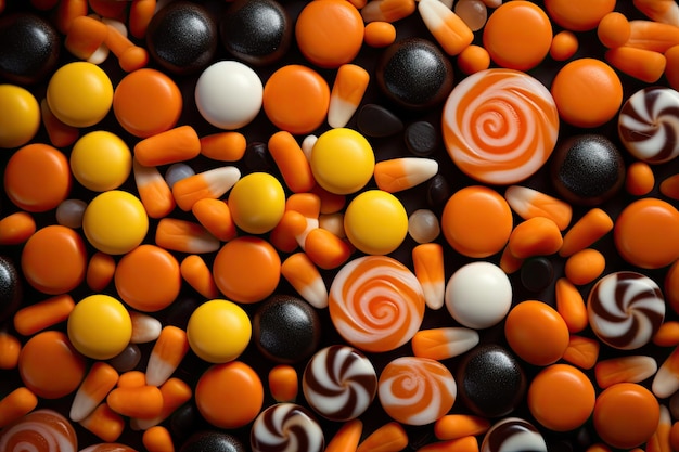 Halloween candy on black backdrop Space to write