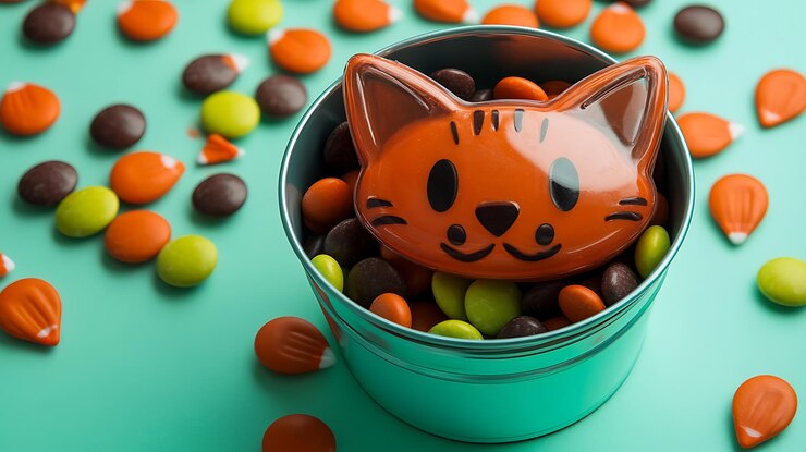 Photo halloween candy bucket shaped like a cat on mint surface