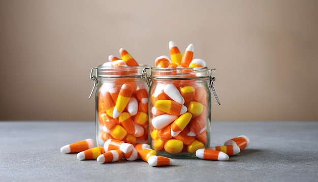 Halloween candy candycorn in two jars copy space