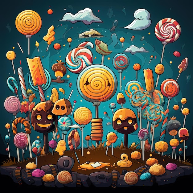 halloween candy and lollipops in the style of light yellow and dark orange