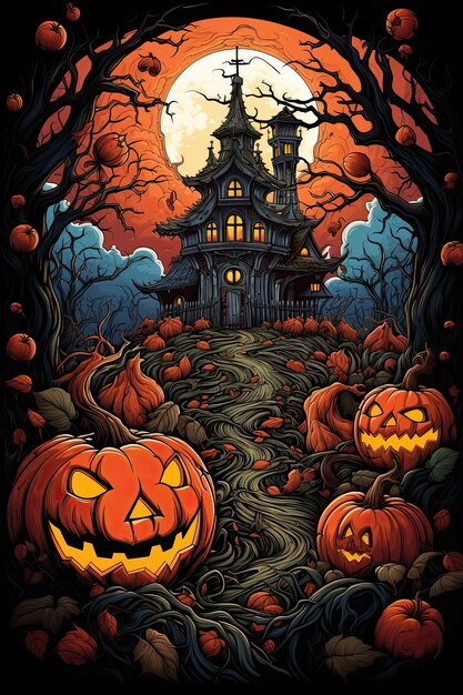 Halloween card greeting card colorfulred and whiter hyper detailed illustrations