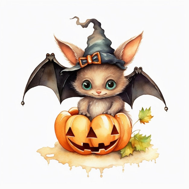 A halloween card with a bat in a witch hat and a pumpkin.