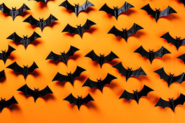 Halloween card with bats on orange background Congratulatory or invitation banner Top view with spac