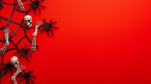 Foto cartella di halloween con mani di scheletro e ragni sullo sfondo rosso generato da ai