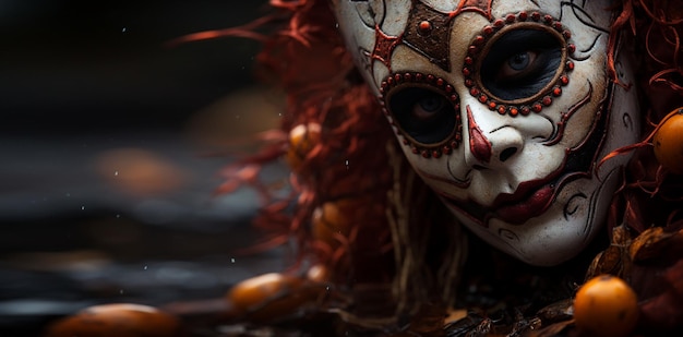 ハロウィーン・カーニバルのマスクが火で燃え尽きました 恐怖や腐敗の象徴です