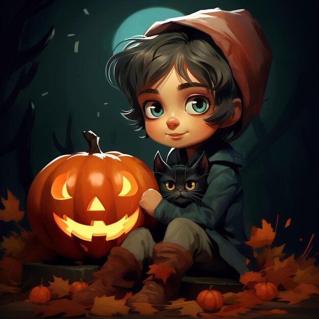 Photo halloween cartoon anime illustration of a little kid with a black cat and jack o lantern pumpkin