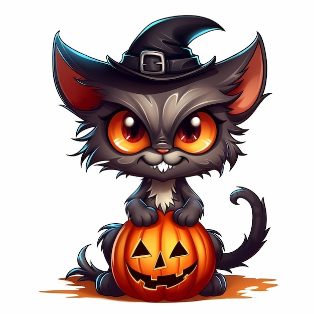 Halloween cartoon black cat in a pointy witch hat with pumpkin