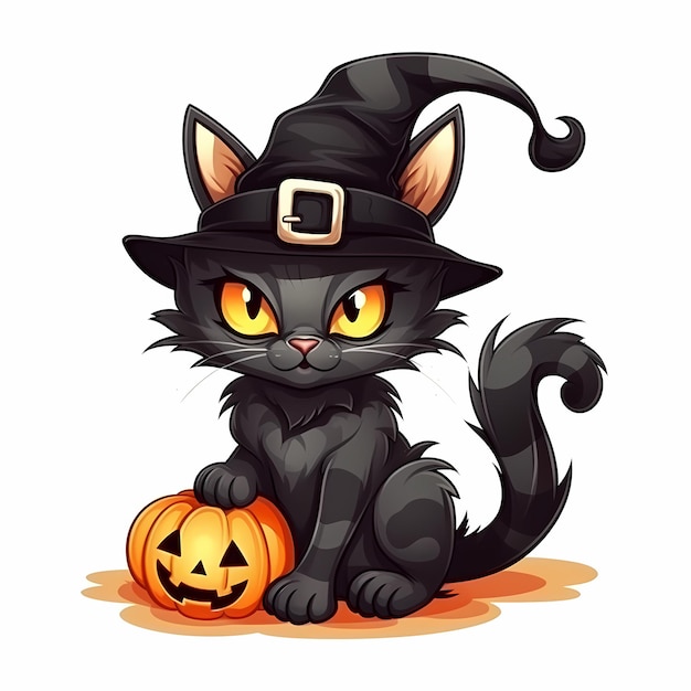 Halloween cartoon black cat in a pointy witch hat with pumpkin