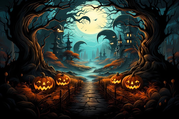 halloween cartoon house and pumpkins fullmoon background