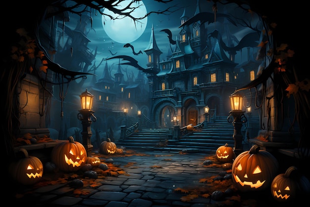 halloween cartoon house and pumpkins fullmoon background