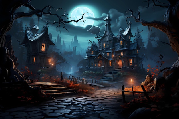 halloween cartoon house and pumpkins fullmoon background