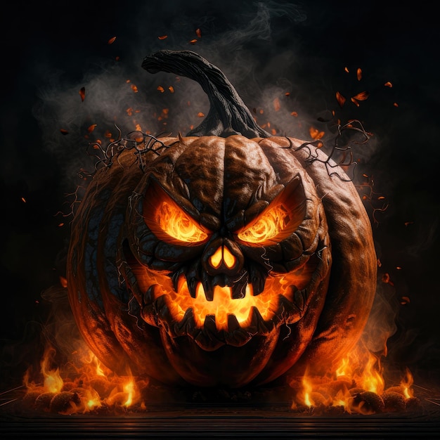 Halloween carved evil pumpkin with glowing eyes surrounded by fire and smoke dark and eerie scene