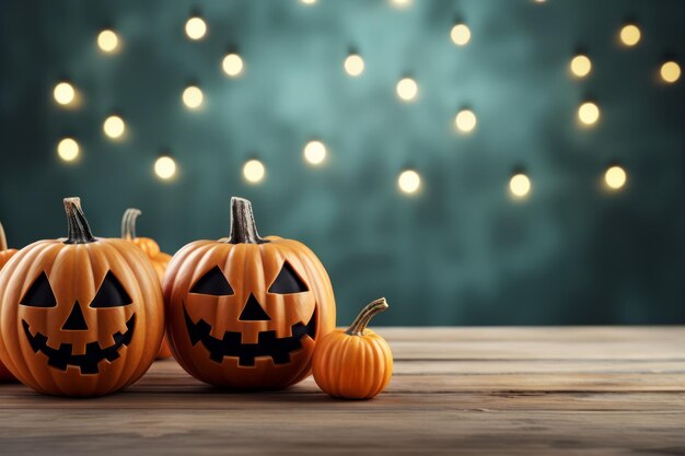 Halloween carved pumpkin head jack lantern with light bokeh background Jack O lanterns in spooky room on wooden shelf copy space