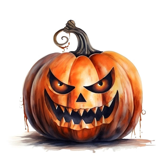 Halloween carved pumpkin in watercolor painting style