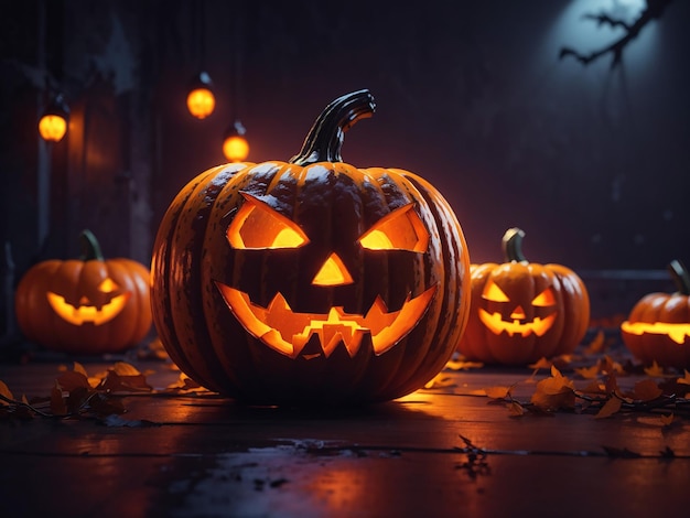 オレンジ色のライトがついたハロウィーン刻の南瓜