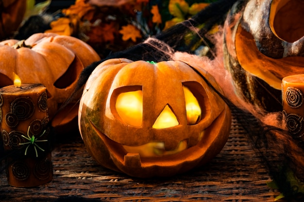 Halloween ha intagliato la composizione nella lanterna delle zucche di zucche e candele spaventose